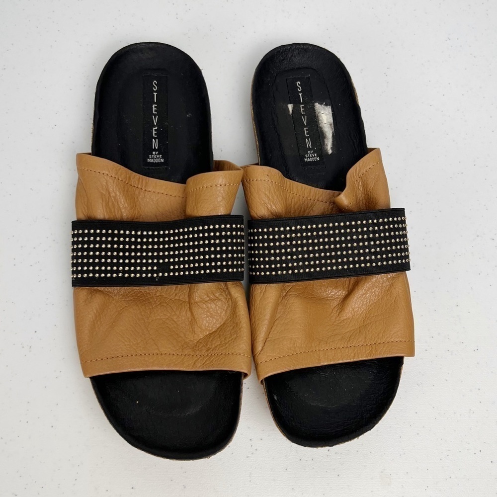 Steven Steve Madden Kayden Open Toe Leather Brown Slides Sandal size 9.5